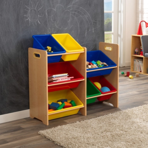 Kidkraft cabinet with 7 storage boxes primary colors